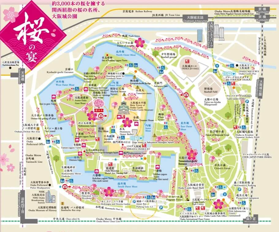 A picture map showing the rivers and moats surrounding the Osaka Castle with markings identifying cherry trees.