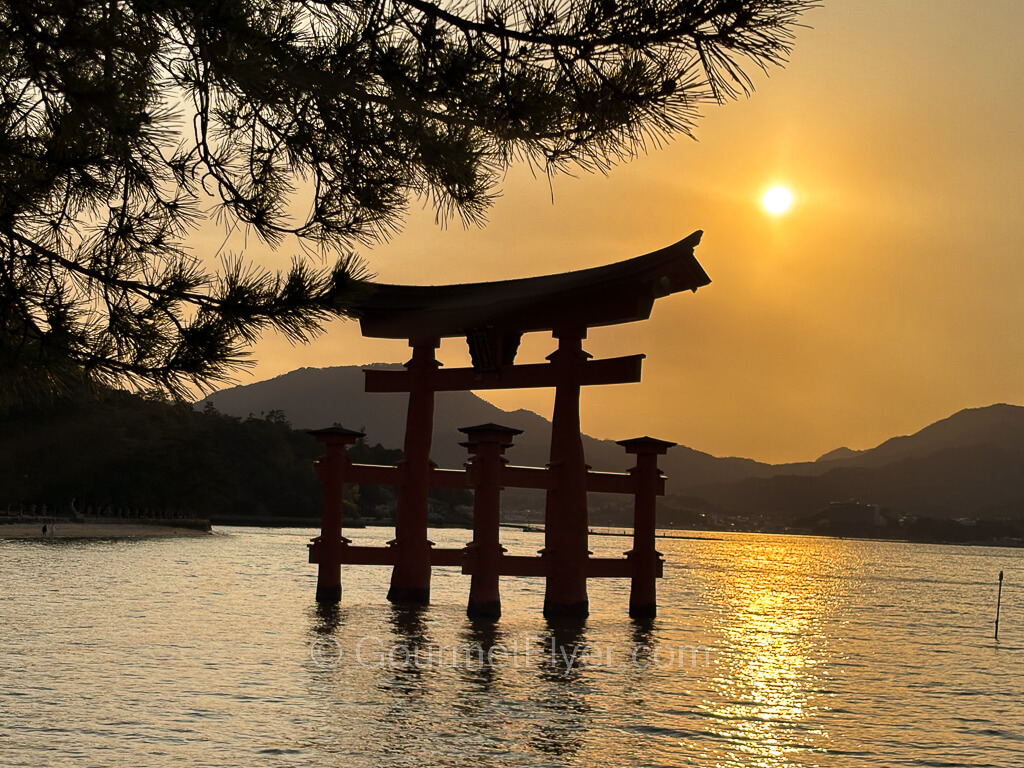 The torii gate is backlit with an orange setting sun in the background.