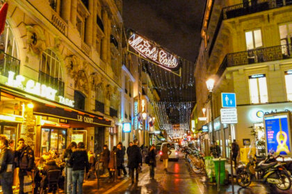 Christmas lights over Rue Cadet in the 9th arrondissement.