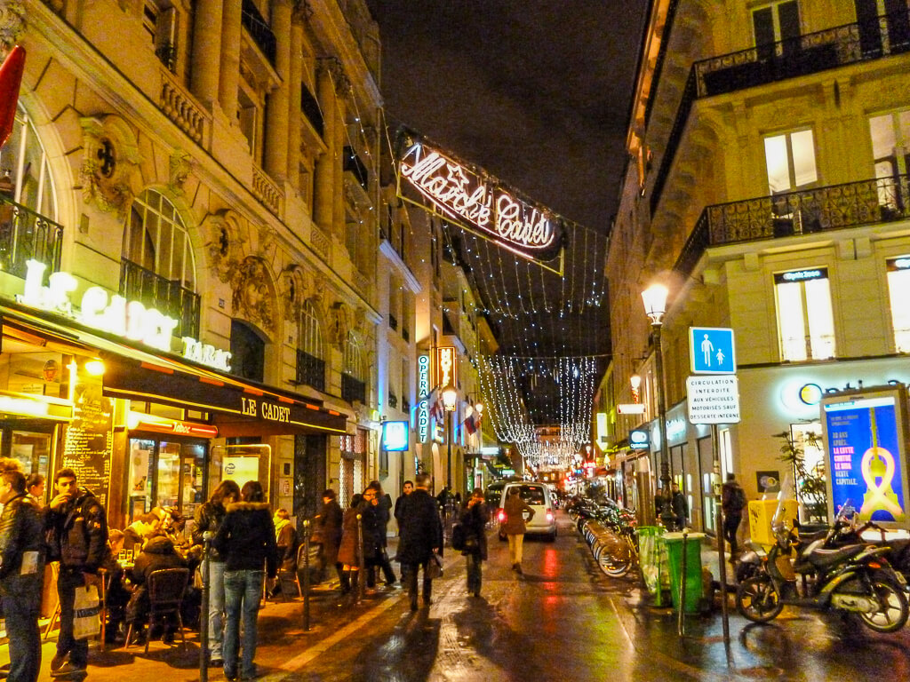 Christmas lights over Rue Cadet in the 9th arrondissement.