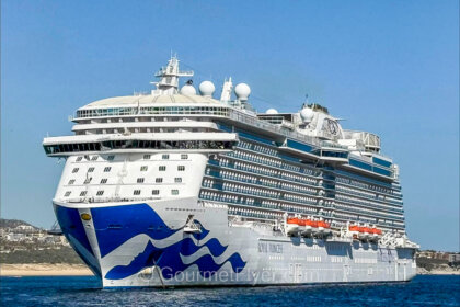 Review of Princess Cruises forward facing mini suite balcony stateroom features the Royal Princess ship in open sea under sunny blue sky.