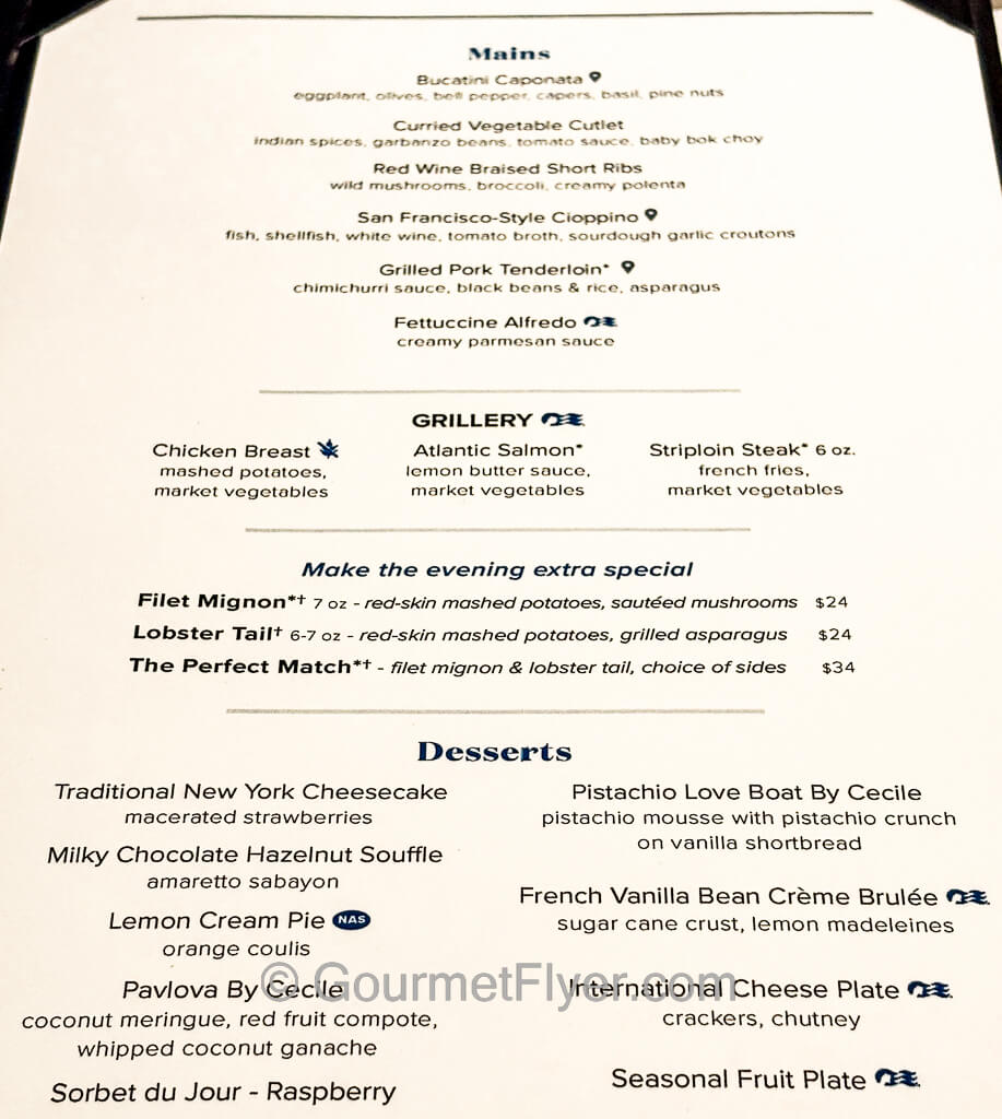 A page of a cruise ship's dinner menu displaying main course and dessert choices.