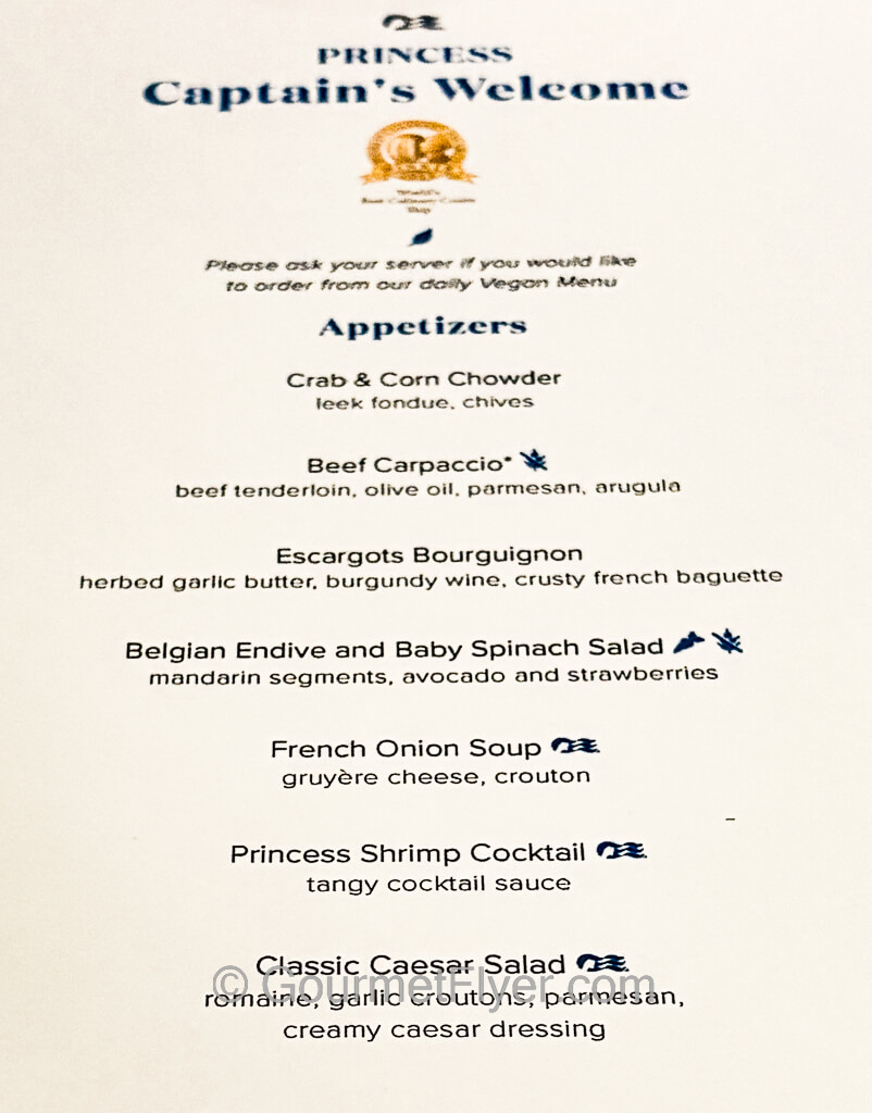 The appetizer menu of a Princess Cruise.