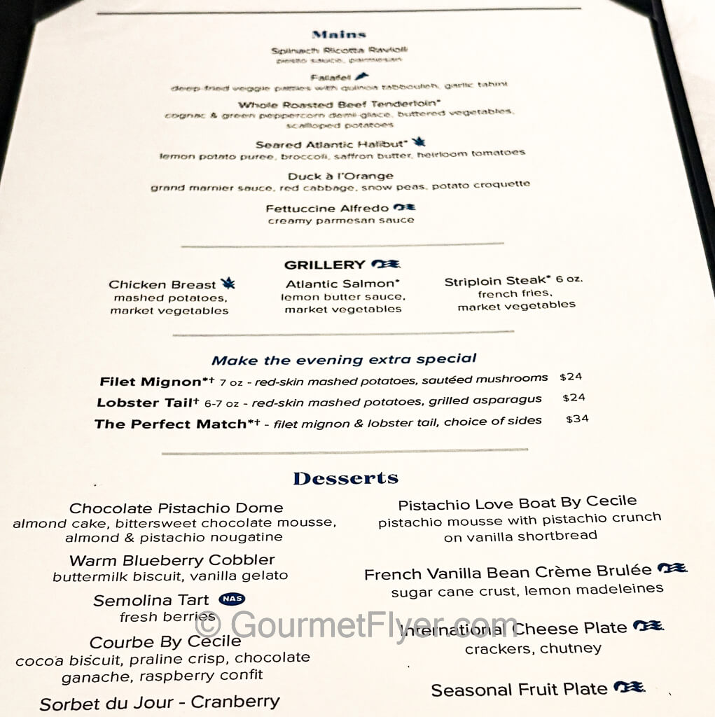 Page two of Princess Cruises menu with choices of main course and desserts.