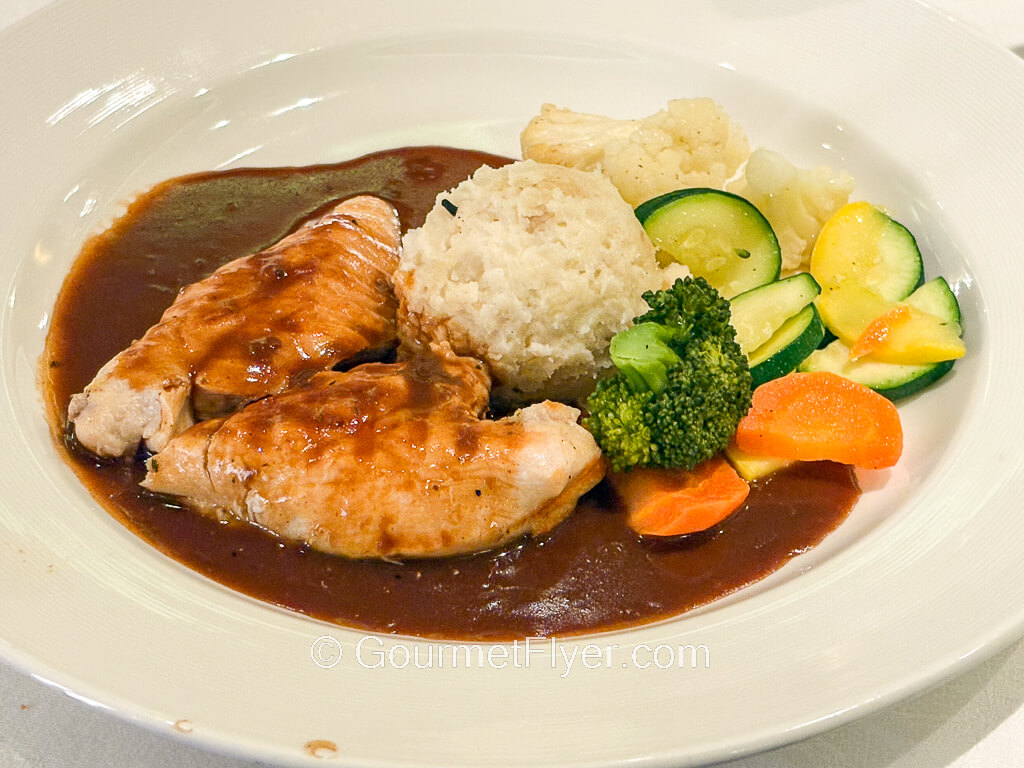 Two small pieces of chicken breast meat are served on a plate with plenty of brown gravy.