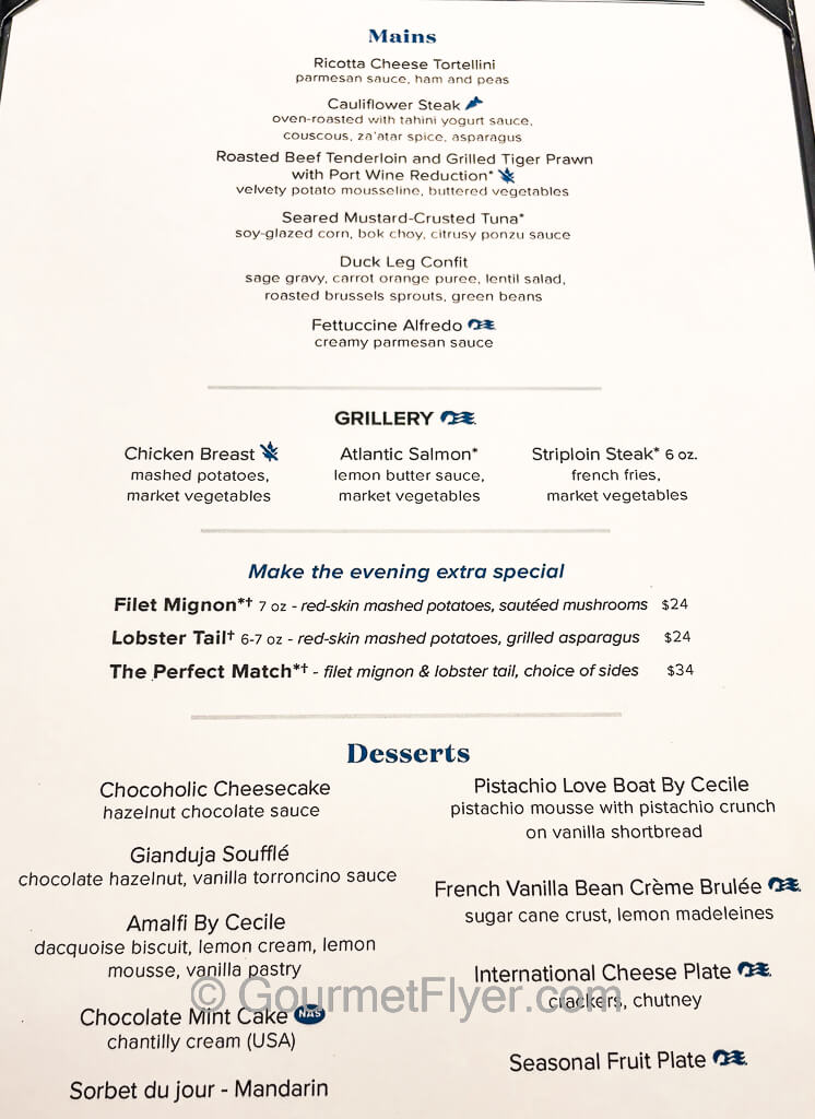 A page from a cruise ship menu that lists the choices for entrees and desserts.