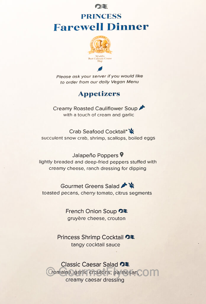 The appetizer menu of a cruise displaying about a dozen different options.