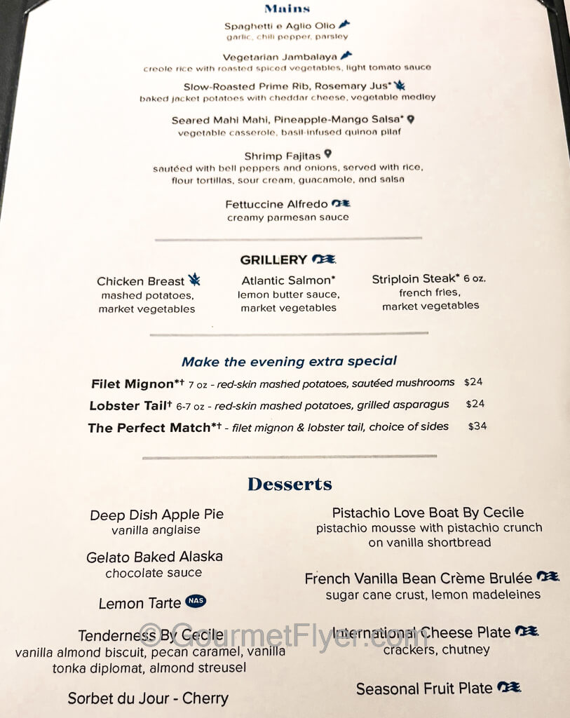 The page of a menu showing six choices for the main course as well as about a dozen options for desserts.