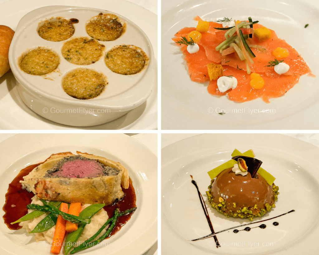 A Review of Princess Cruises dinner service features escargots, smoked salmon, beef Wellington, and a beautifully decorated chocolate cake.