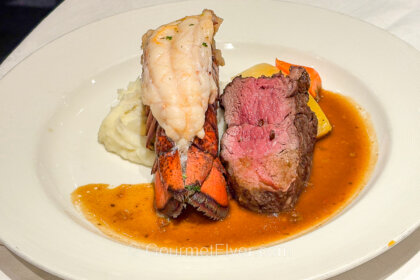 Princess Dinner Menus and Main Dining Room Food Review on Caribbean Cruises features a steak and lobster tail dish.