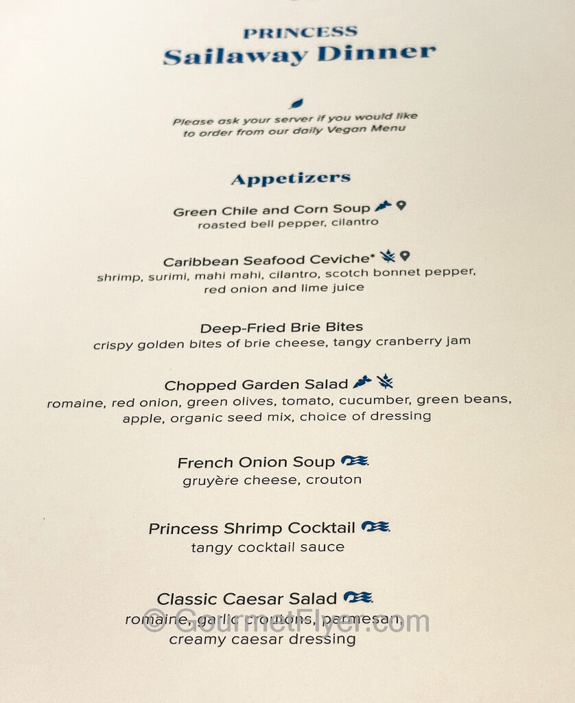 A Princess Cruises dinner menu displaying plenty of appetizer options.