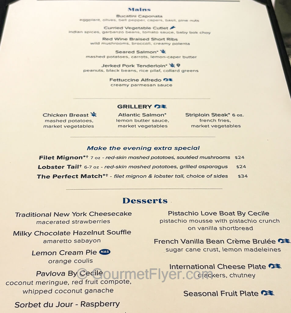 A cruise dining room menu showing options for entrees and desserts.