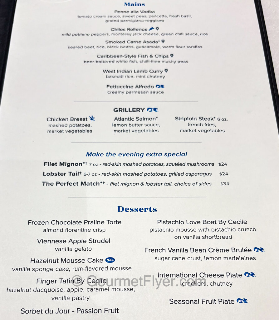 A Princess dinner menu showing a dozen of main course selections plus dessert options.