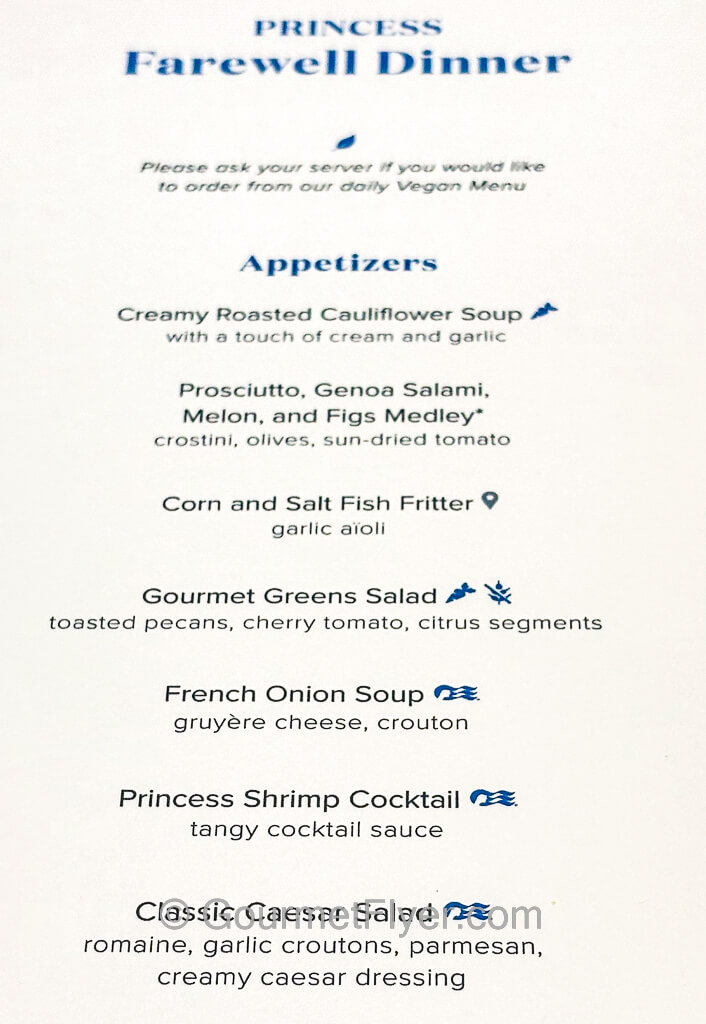 Page one of Princess Cruises farewell dinner menu that features plenty of appetizer options.