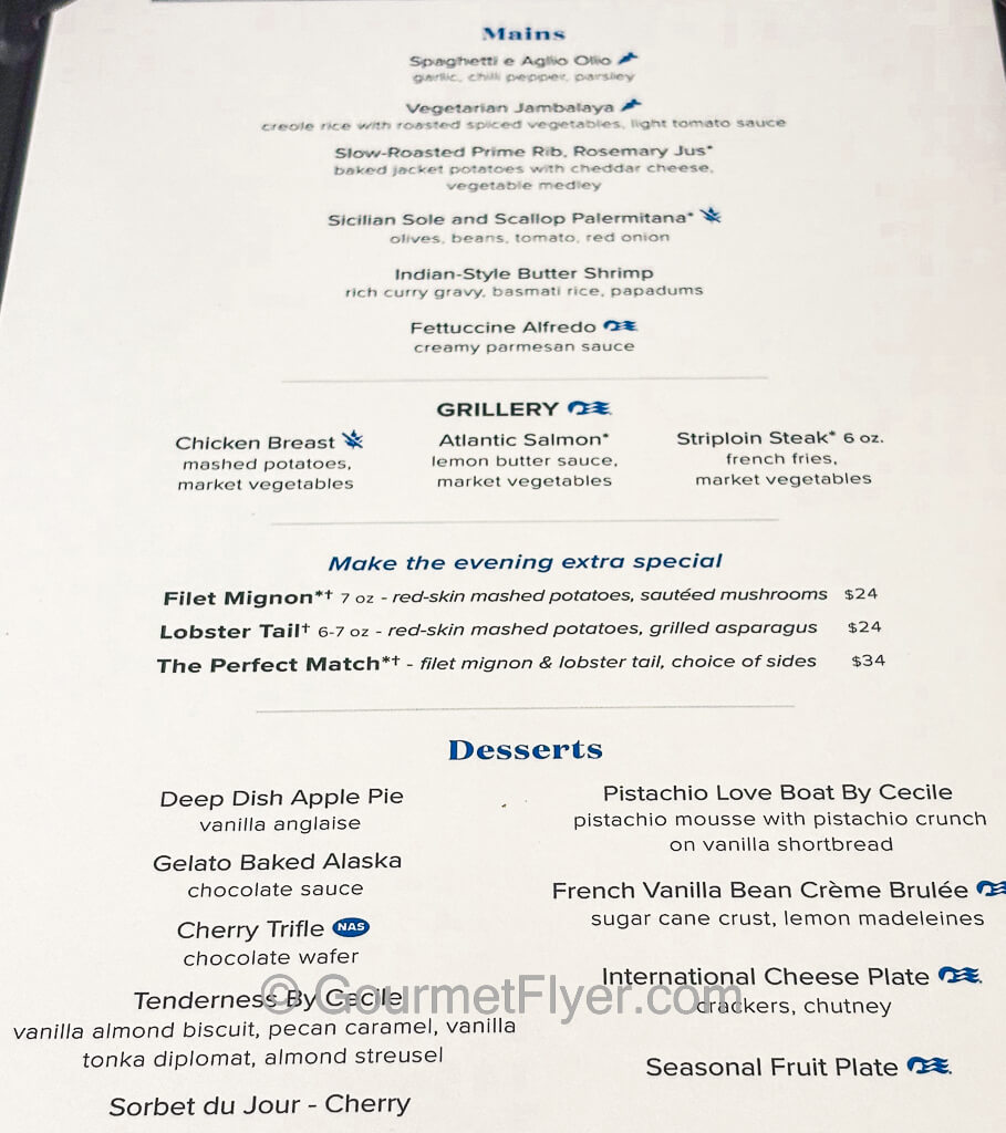Page two of a Princess Cruises dinner menu displaying options for the entree as well as desserts.