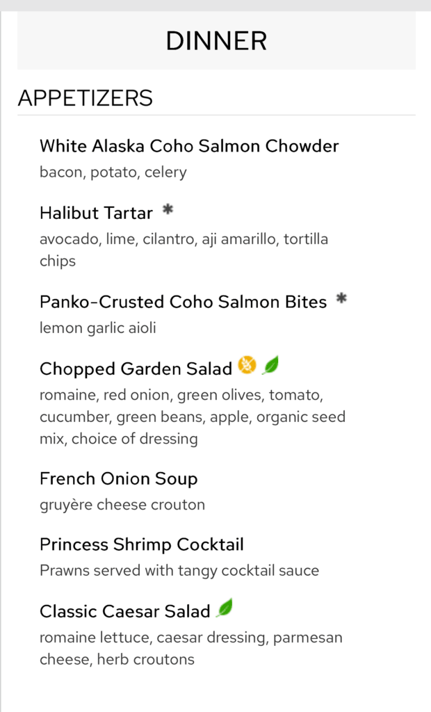 The appetizer menu of a cruise ship's dinner.