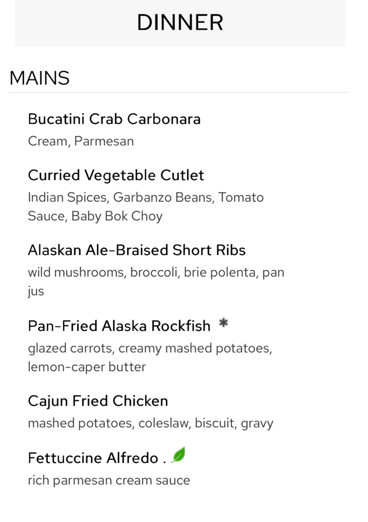 A two-page dinner menu for the main course in a cruise ship's main dining room.
