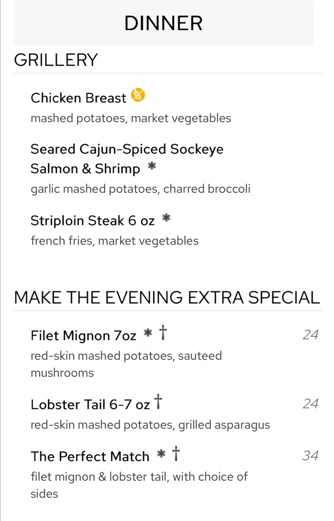 Page two of a dinner menu for the main course in a cruise ship's main dining room.