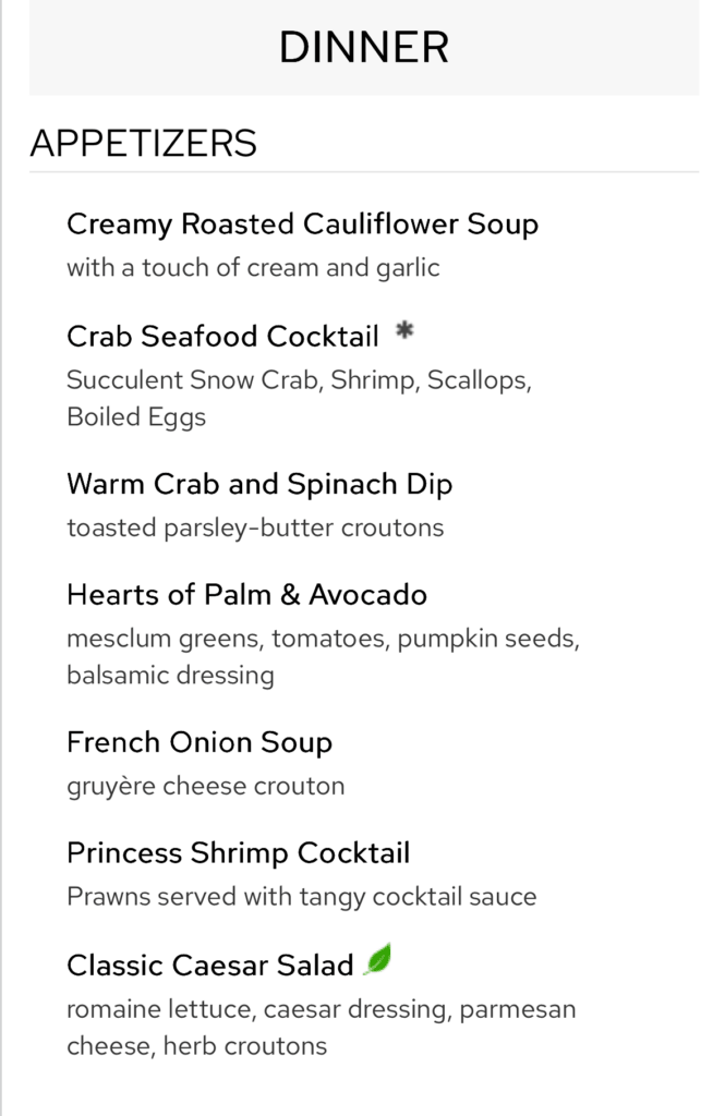 The appetizer menu of a cruise ship's main dining room lists a half dozen options.