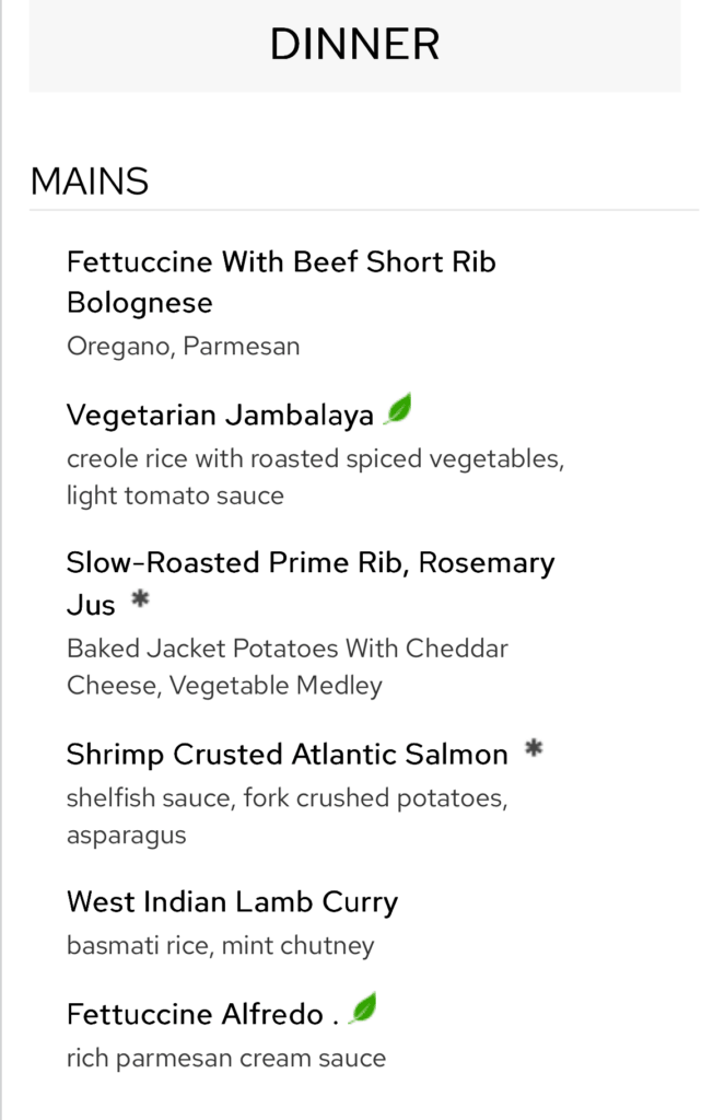The dinner menu of Princess Cruises lists the choices for main course.