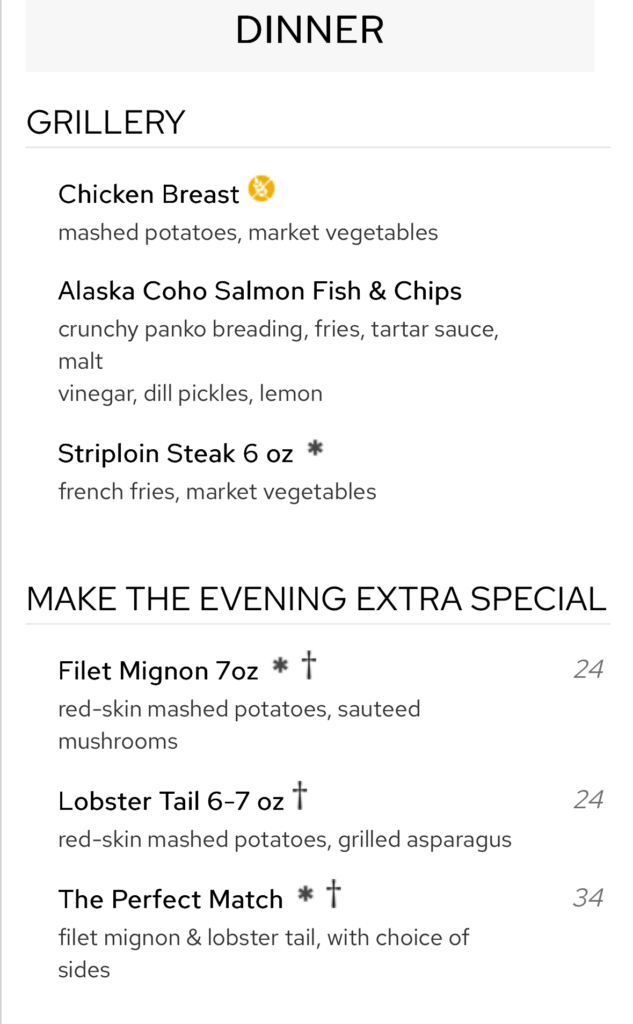 A dinner menu lists the prices of add ons in addition to the standard items.