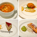 A review of Princess Alaska cruise dinner menus and food features a soup, crab cake app, a plate of salmon, and a slice of cake for dessert.