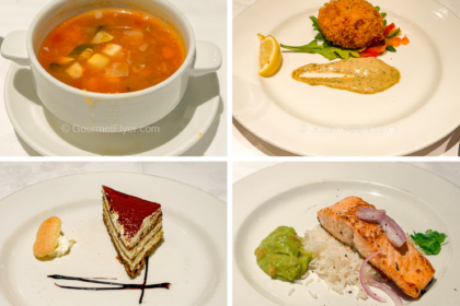 A review of Princess Alaska cruise dinner menus and food features a soup, crab cake app, a plate of salmon, and a slice of cake for dessert.