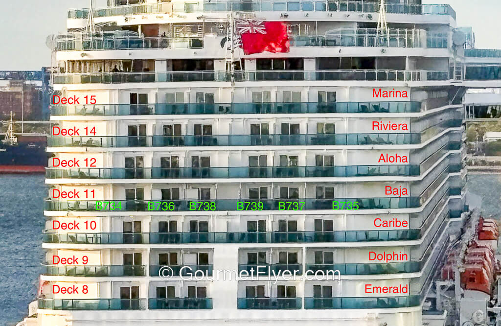 The aft of a cruise ship is labeled by deck number and name and balcony room numbers.