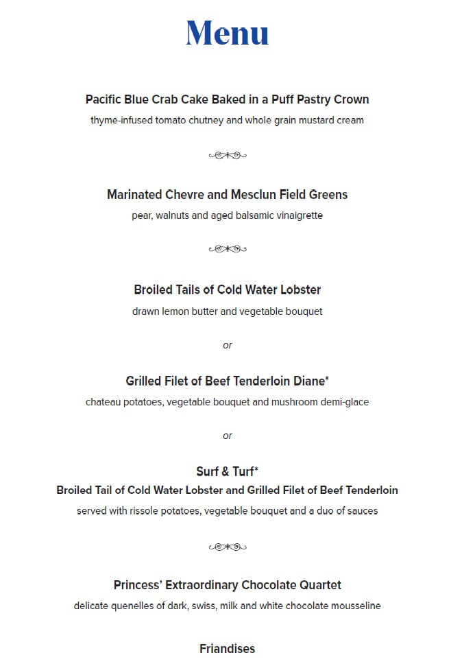 Menu of Princess Cruises Ultimate Balcony Dinner lists the details of each course, appetizers, main course, and dessert.