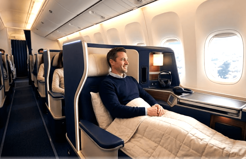 The Fare-Rule Traps That Catch Business Class Travelers Off Guard features a man sitting in a lie-flat seat on a commercial flight.