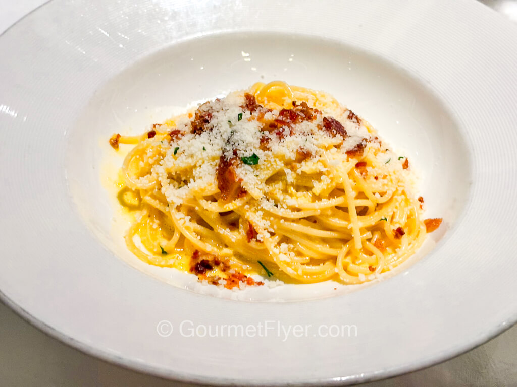 A creamy pasta dish is topped with bacon bits and grated cheese.