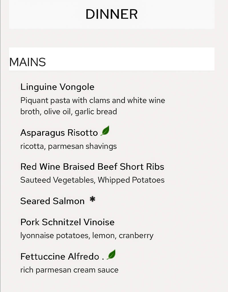 A list of main entree selections includes beef, pork, and fish.