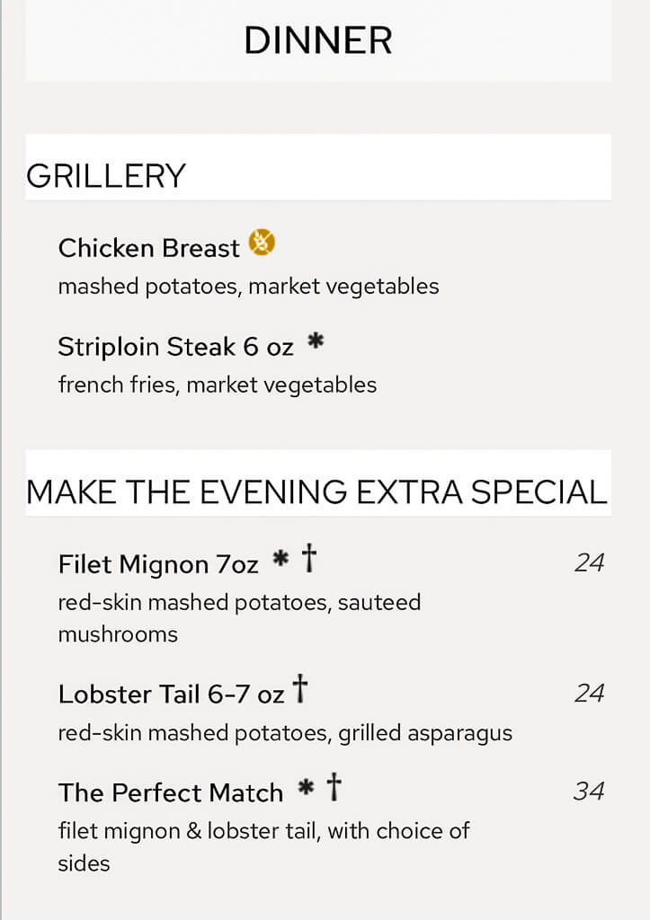 Page two of a cruise ship's dinner menu for main course selections.