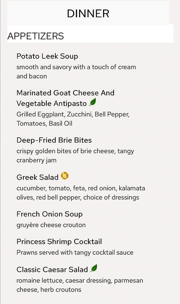 The appetizer section of a cruise ship's main dining room menu.