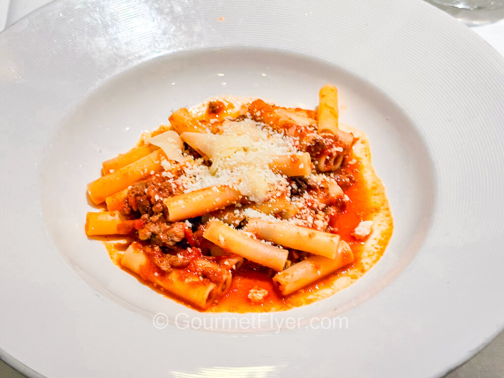Penne pasta is tossed in a red sauce and garnished with sprinkles of grated cheese.