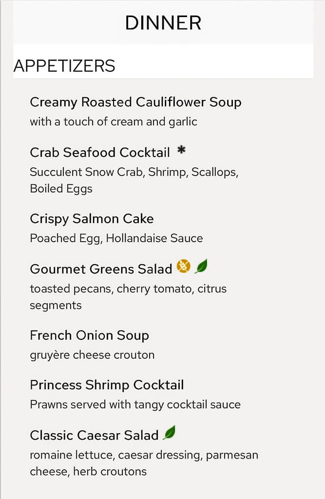 The final day's menu of a cruise ship's main dining room, featuring a list of appetizers for the night.