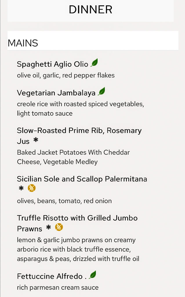First page of the Princess Med Cruise menu showing dinner entree selections.