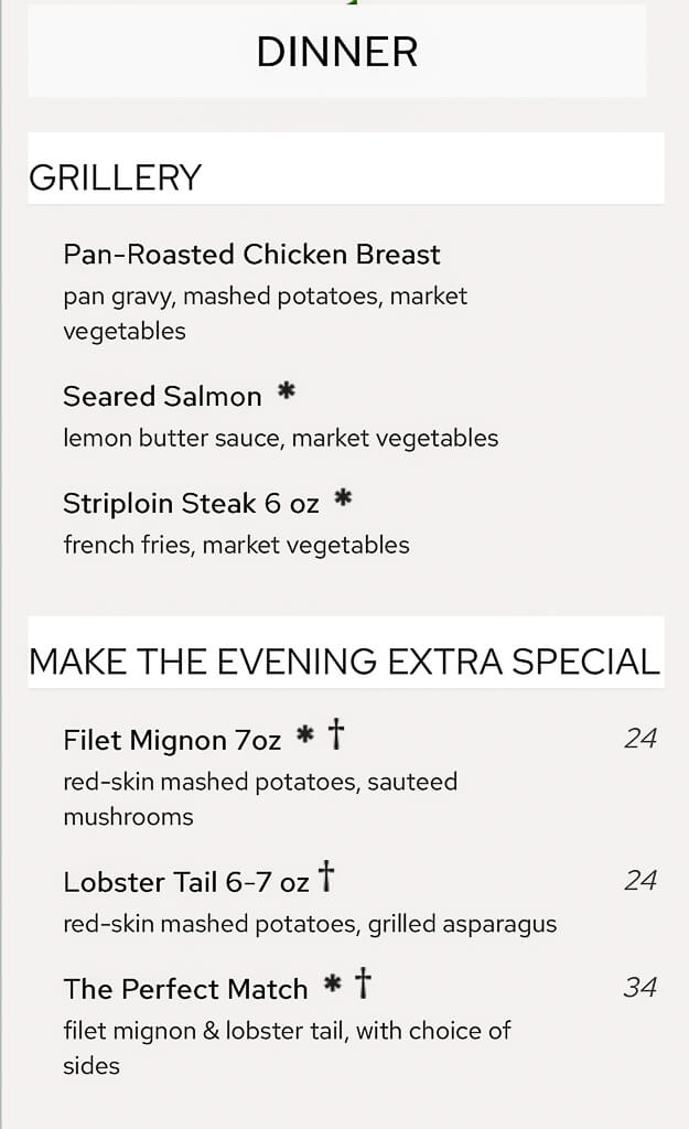 Page two of the Princess dinner menu.