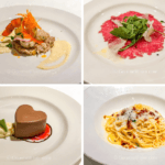 Princess Europe Med Cruises: Dinner Menus and Main Dining Room Food Review features a shrimp appetizer, beef carpaccio, pasta, and dessert.