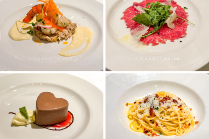 Princess Europe Med Cruises: Dinner Menus and Main Dining Room Food Review features a shrimp appetizer, beef carpaccio, pasta, and dessert.