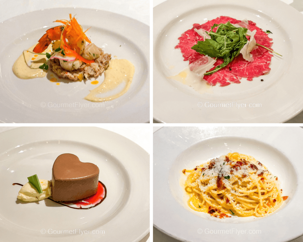 Princess Europe Med Cruises: Dinner Menus and Main Dining Room Food Review features a shrimp appetizer, beef carpaccio, pasta, and dessert.